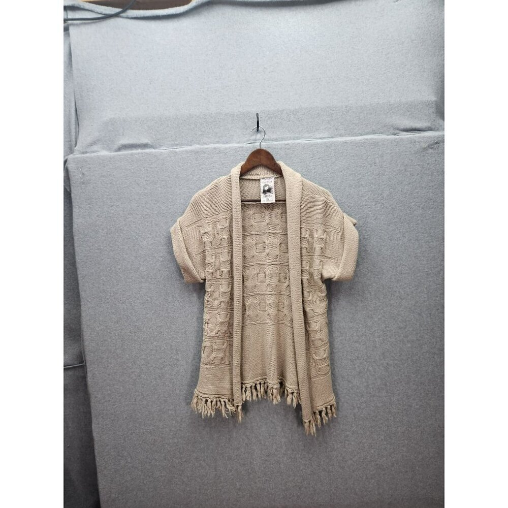 Red Paint‎ Collection Beige Knit Cardigan With Fringe Hem Short Sleeve Womens L